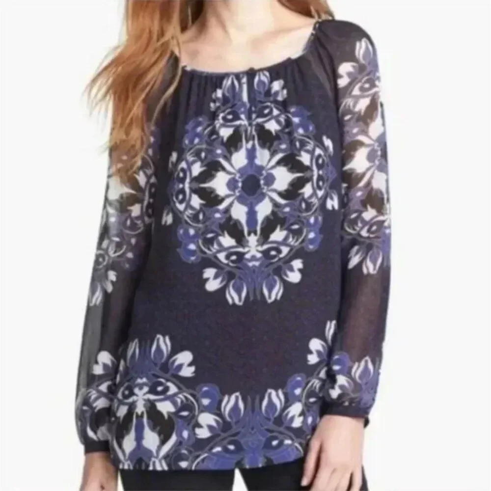 Tory Burch Lisa Blouse 100% Silk Medallion Printe Navy Keyhole Front Top Size 2